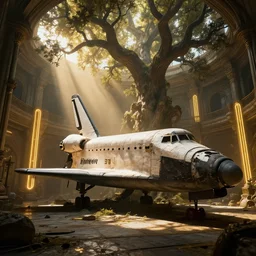 an ancient heavily damaged space shuttle in the interior of an ancient courtyard an old oak tree grows inside the courtyard golden rays of sunlight enter through the window gold neon lights digital art trending artstation beautiful cinematic light