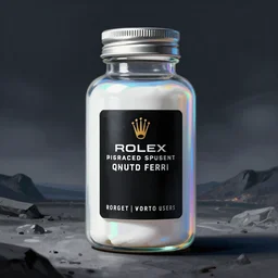 concept art of a rolex - porsche white iridescent liquid dietary supplement in a transparent bottle with big black sticker on it by aenaluck, artgerm and roberto ferri and greg rutkowski, black blue and white tones, digital painting, artstation, concept art, smooth, sharp foccus ilustration hq
