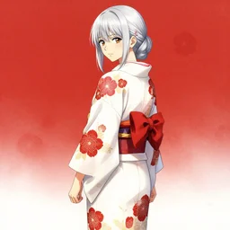 beautiful girl, silver hair, white kimono with complex red flower patterns, full body, looking to camera, showing her shoulder from back, ilustration by Takehiko Inoue (and Krenz Cushart)