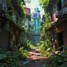 abandoned asian street undergrowth, vibrant scifi color palette, style by wlop, by feng zhu, by artgerm, concept art, matte painting, vfx, hyper detail, photorealistic, artstation, cgsociety, octane render, 4 k, high contrast, cinematic color, radiant lighting