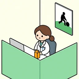 a graphic novel line drawing of a cute brown haired female doctor with a ponytail, sitting behind a desk in a green cubicle, on the desk is an orange juice box. On the wall hangs a poster of sisyphos pushing a ball up a hill. Drawn in isometric perspective