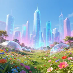 year 3 0 0 1 illuminated cyberpunk vibrant park filled with holograms metropolis minimalism inspired clear day flower [ glass umbrellas ] [ translucent skyscrapers ] saturated lighting fantasy scifi by ross tran utopia elegant artstation