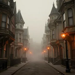 a victorian - era street with tall and intricate buildings, beautiful digital art, filthy, volumetric lighting, thick smog, orange street lamps, highly detailed, professional