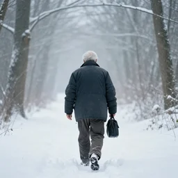 a 3 5 mm photo from the back of a senior citizen walking in the misty snowy woods, splash art, movie still, bokeh, canon 5 0 mm, cinematic lighting, dramatic, film, photography, cold blue light, depth of field, award - winning, anamorphic lens flare, 8 k, hyper detailed, 3 5 mm film grain