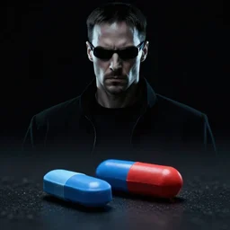 morpheus from the matrix, blue red pill, black background, dramatic lighting, cinematic composition