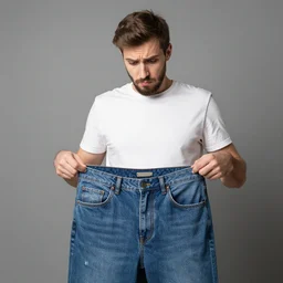 man looking at his pants with confused look