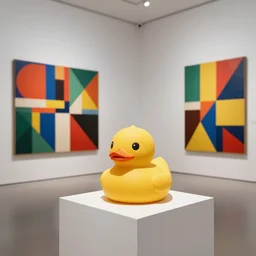 one hyper real rubber duck on a pedestal in an art gallery, the walls are covered with colorful geometric wall paintings in the style of sol lewitt.