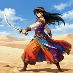 detailed anime illustration of a nomadic swordswoman wearing a colorful flowing deel while holding a scimitar, desert baclground