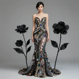 an evening dress made of multicolored stones and threads started intertwining with each other., 3 d black flowers, from scraps of fabric. transparent in places. hyperrealistic - clear details, beautiful model. a masterpiece