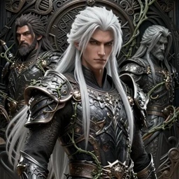 ominous assassin, handsome male, white long hair, armor, vines, complex 3 d render portrait by ilya kuvshinov, akihiko yoshida, greg rutkowski, deviantart. unreal engine, ray tracing. sharp focus, masterpiece, highly detailed, intricate background, post processing