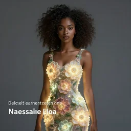 ai - generated art, generated by an ai image generator who read this caption. tags : detailed, neural, self - aware, design your own avatar, multi ethnicity lady with glowing flowers dress, matte painting, trending on artstation