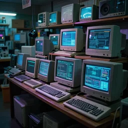 old computers in a japanese thrift store, cinematic light, retrowave atmospheric, synthwave atmosphere, cyberpunk atmo, 8 k photography