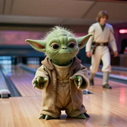 film still of yoda goes bowling with luke skywalker in the new Star Wars movie, 4k