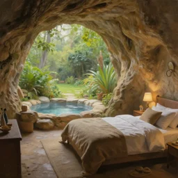 painting of an interior of a cozy bedroom in a cave, small hot spring and lush garden outside, natural light, fantasy, natural light, concept art, by greg rutkowski and craig mullins, cozy atmospheric and cinematic lighting, trending on artstation