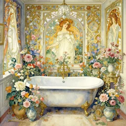 a beautifull intricate watercolour painting of a victorian room with many flowers and bathtub, reflexions, verry high details by william turner art, greg rutkowski and alphonse mucha, trending on artstation, very very detailed, masterpiece, - n 9