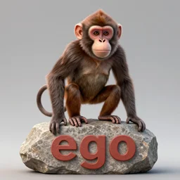 monkey stanfing on stone with text ego, photorealism, lots of detail, super sharp image, visual plasticity, shading in vray, raytracing