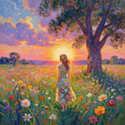 girl with made of flower, standing in a flower field, big trees, sunrise dramatic light, impressionist painting, colorful clouds, digital painting, pointillism, artstation, simon stalenhag