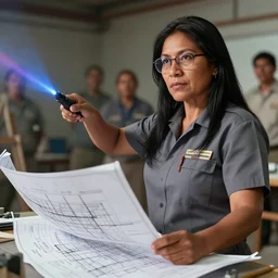 epic portrait of slightly muscular indigenous visionary woman wearing short sleeved instructor uniform pointing lase pointer on construction blueprint, architecture, glasses, detailed, artstation, concept art, donato giancola, joseph christian leyendecker, wlop, boris vallejo, breathtaking, 8 k resolution, extremely detailed beautiful, establishing shot, artistic hyperrealistic, beautiful face, hand gesture, octane render