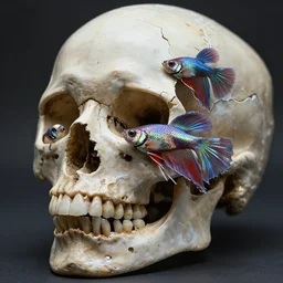 3 d close - up intricate broken in to pieces fractured human skull betta fish, highly detailed. iridescent color accents. by wlop, tooth wu, greg rutkowski, alena aenami, beeple