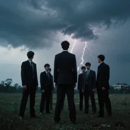 1 3 mm film, liminal, unsettling, group of tall men in suits, thunderstorm