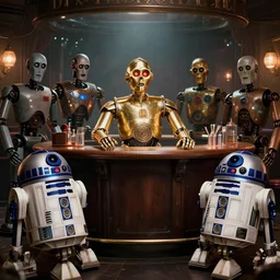 scene from a movie about a robot bartender, chappie, c 3 p 0, r 2 d 2, short circuit, dark dingy bar, automata, cinematic, big budget movie, smoky atmosphere, multiple robots look ominously at the viewer, by fantasy artist tiago da silva ( grafik )
