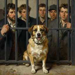 dog holding a key in mouth in front of a group of men behind bars, realism, old painting, oil painting