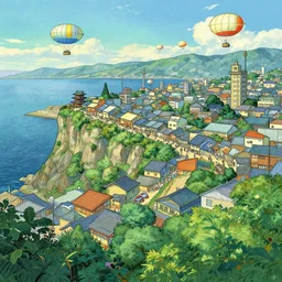 japanese cape dutch architecture busy city on a cliff by the sea side, nice view, airships, dense foliage poster art by kim jung giu and weta studio, and lucasfilm and jesper ejsing and norman rockwell greg rutkowski frank frazzeta van gogh