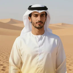 full figure beautiful young fit arabian man, luminous scene, by greg rutkowski and alphonse mucha, d & d character, gradient white to gold, in front of a dune desert background, highly detailed portrait, digital painting, artstation, concept art, smooth, sharp focus illustration, artstation hq