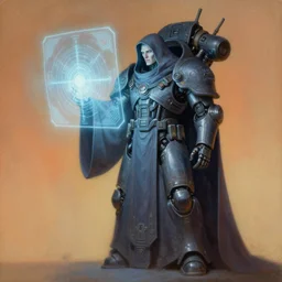 painting of eldritch man as a cloaked tech priest projecting a hologram, adeptus mechanicus, cybernetic enhancements attached to his body, zdzislaw beksinski, lewis jones, dariusz zawadzki, wayne barlow, warhammer 4 0 k, cold hue's, warm tone gradient background, concept art, digital painting