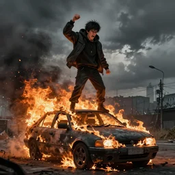 an angry protester standing on a burning car, detailed digital illustration by greg rutkowski, medium shot, android netrunner