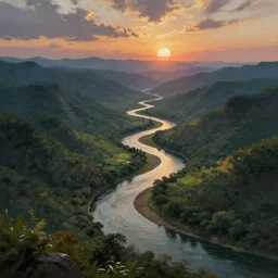 digital painting of a lush sinuous river valley by. river. sunset. chiho aoshima. digital render. detailed. beautiful landscape.