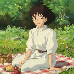 portrait of a woman having a picnic in a lush park, ilya kuvshinov face, highly detailed, cel shading, digital painting, anime screenshot, in the style of hayao miyazaki and alphonse mucha