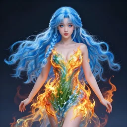 advanced digital art, a very cute beautiful and gorgeous woman wearing a dress made of fire , grass and water , full body, very long wavy azure blue hair, braided hair, white highlights in hair, azure blue watery eyes, full round face, cinematic lighting, mid-shot, highly intricately detailed, trending on pixiv, Artstation, Totorrl, WLOP, Visual Key, and Sakimichan