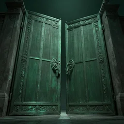 a pair of huge gates made of bronze, bronze material, dark green, dark spectacular atmosphere ， super wide angle ， matte painting ， rtx on ， by james paick and jan urschel ， trending on cgsociety and artstation, unreal engine ， volumetric light ， surreal