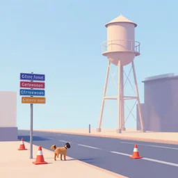 pastel 3 d minimalist, street scene with road signs and street cones, water tower, dog by jeffrey smart and gregory crewdson and edward hopper