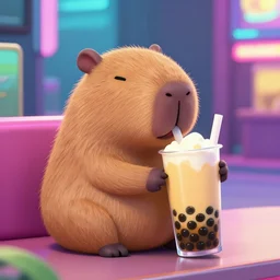 capybara drinking bubble tea in cyberpunk seoul