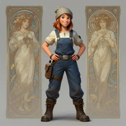 female mechanic, full body shot, beanie, d & d, fantasy, intricate, cheerful, highly detailed, digital painting, artstation, concept art, matte, sharp focus, illustration, hearthstone, art by artgerm and greg rutkowski and alphonse mucha