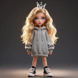 pretty blonde girl in baggy hoodie, high top converse and a small silver crown, large blue eyes, long lashes, wavy long hair, full body artstation concept painting character design, backlit dramatic lighting detailed realism