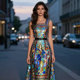beautiful woman wearing stained glass dress, dusk on a city street, in the style of Anna Dittman, fashion photography