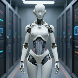 high detailed porcelain android with details and decals in sci - fi server room. cinematic octane render from odyssey 2 0 0 1 by stanley kubrick and mendosa