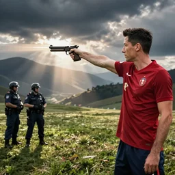 robert lewandowski with a gun, shooting at policemen