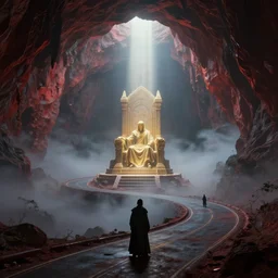 concept art by barlowe wayne, ruan jia and greg rutkowski. a winding road to fantasy cave palace of bad omens!! fier in fog. dante's divine comedy, a beam of light fell on the stone throne!! 3 d, ultra clear detailed. octane render. 8 k. dark red, light grey blue and golden