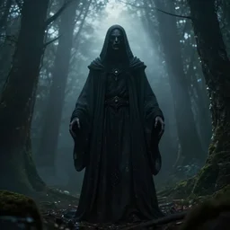 photo of a mystical figure in occult robes in a dark misty forest, god rays, unreal engine 5, highly detailed, horror, epic