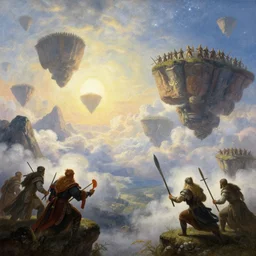 in the sky flying islands valhalla norse gods armies fighting in the sky flying mountains epic battle clouds illustration sharp focus sunlit vista starlight painted ruan jia raymond swanland lawrence alma tadema zdzislaw beksinski norman rockwell tom lovell alex malveda greg staples