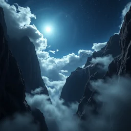 a beautiful digital render of a swiss crevice with tall mountains dissolving into the sky, clouds spiraling into a bright star, fog, dark, volumetric lighting, starry night, very detailed, cirrus, washed out colors, intricate detail, ultrarealistic, master level composition, raytracing effects