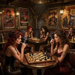 women in the interior of a steampunk pub, Greg Rutkowski, Milo Manara, night time, smoking cigarettes, playing chess games, highly detailed, Quentin Tarantino movie posters, pulp fiction, level design, concept art, artstation, cgsociety, zenith view