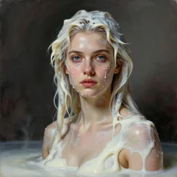 realism drawing of lady dimitrescu covered in milk, npr, stylized
