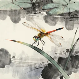 a japanese style sumi - e, ink art, depicting a dragonfly leaning on a blade of grass in a peaceful pond. delicate ink brush.