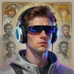 future coder man looking on, sleek cyclops display over eyes and sleek bright headphoneset, neon accent lights, holographic colors, desaturated headshot portrait digital painting by donoto giancola, dean cornwall, rhads, john berkey, tom whalen, alex grey, alphonse mucha, astronaut cyberpunk electric