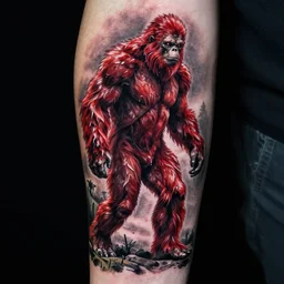 tattoo of bigfoot red and gray ink detailed, hyperrealistic trending on artstation